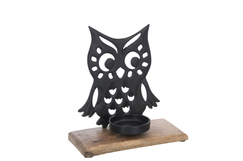 Candle holder owl made of aluminum and wood black 21 cm