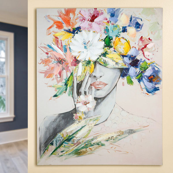 Wooden linen picture "Woman with a flower hat" - a touch of elegance 100x80cm