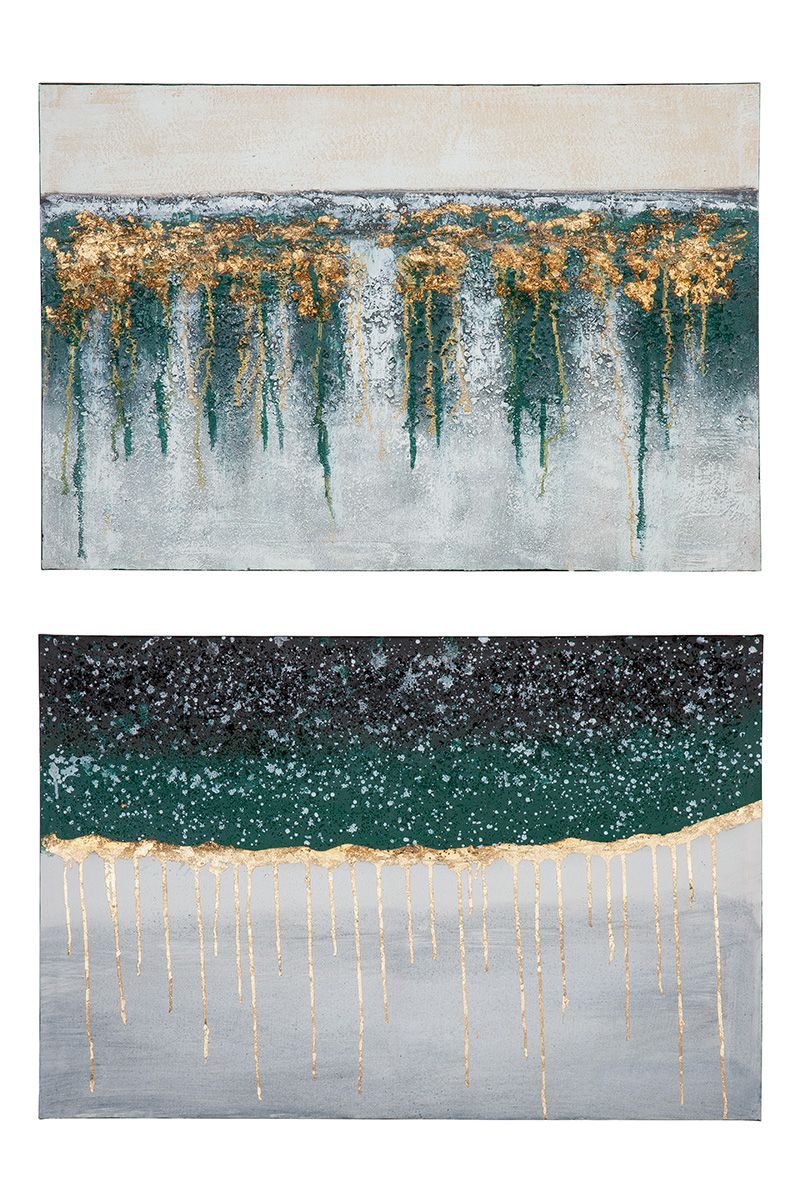 Kunstig hout/linnen schilderij "Golden Shiver" - Een harmonieuze compositie in crème, petrol, zwart en goud