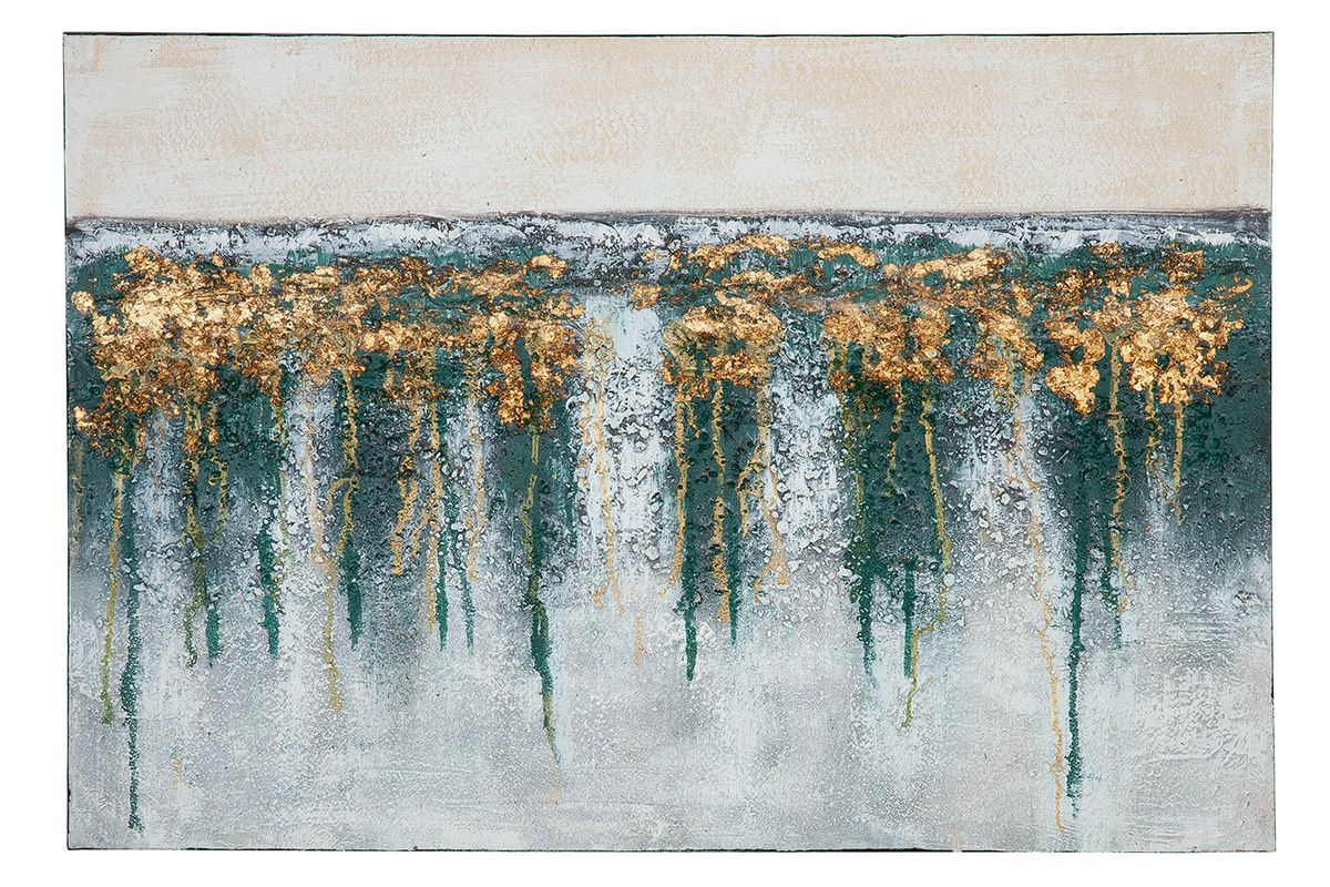 Kunstig hout/linnen schilderij "Golden Shiver" - Een harmonieuze compositie in crème, petrol, zwart en goud