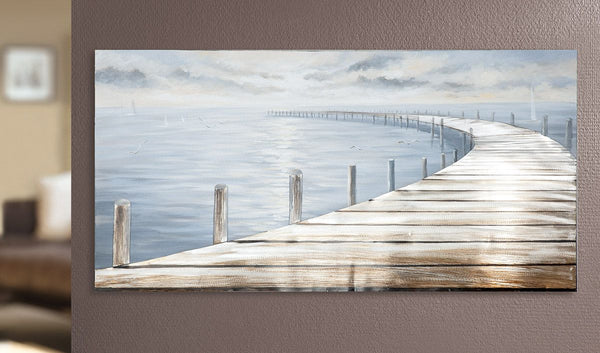 Handgeschilderde canvas foto van een kuststeiger in blauw met 3D-effect