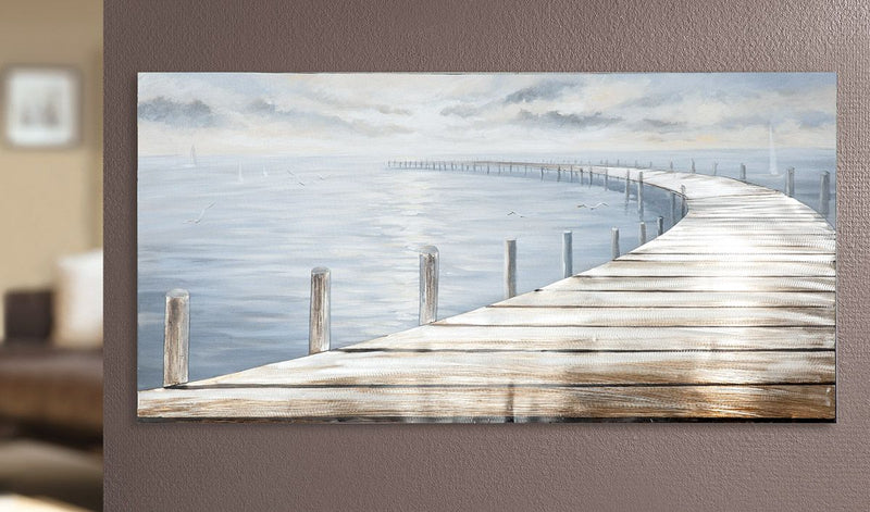 Hand-painted canvas picture Coastal Pier in Blue with 3D effect