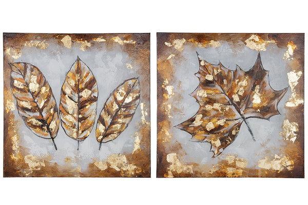 Hand-painted set of 2 'Autumn Leaves' paintings - wood/linen, 80x80 cm