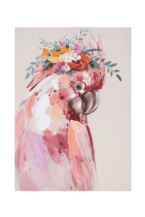 Set van 2 hout/linnen afbeelding papegaai - handgeschilderde kunstwerken met roze papegaai en kleurrijke bloemenkrans