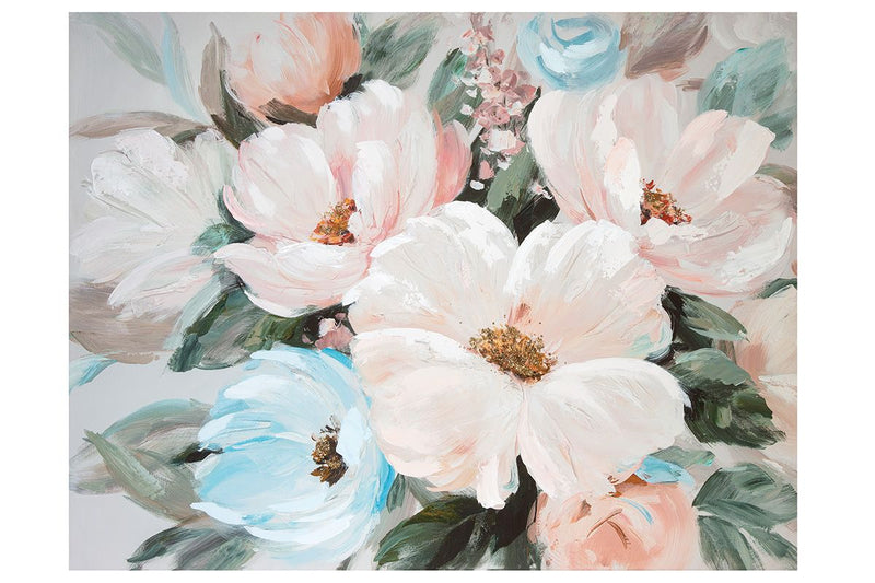 Floral Symphony - Handbemaltes Holz/Leinen Bild mit lebendigen Rosa, Blau und Grün Tönen