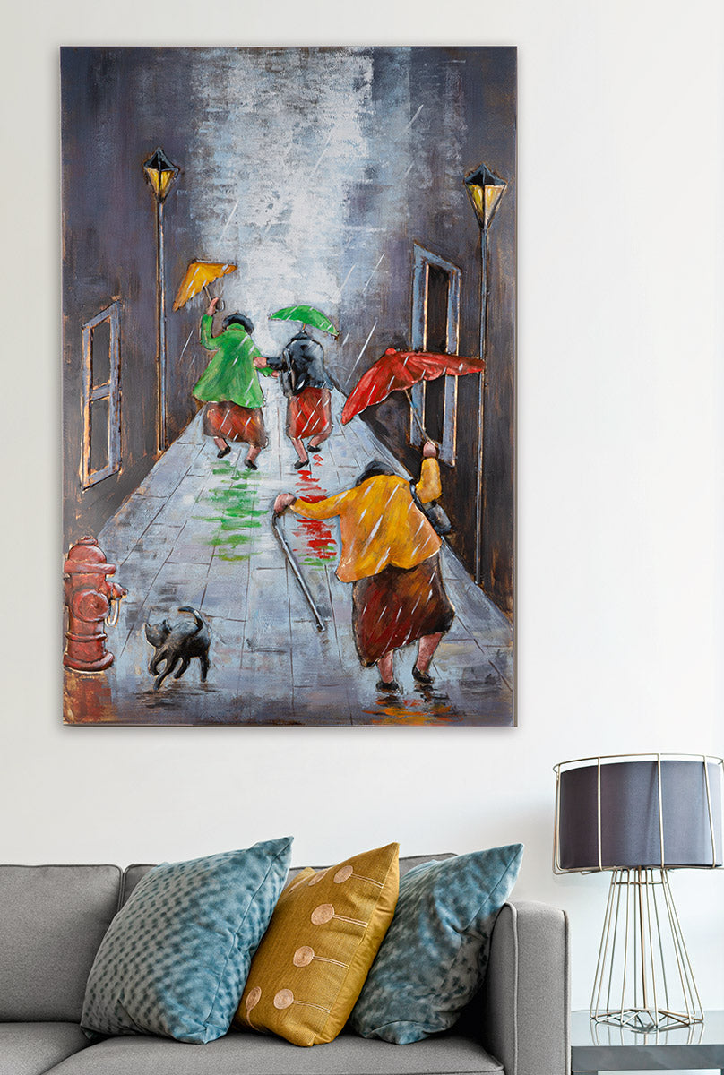Rainy Dance - Handgemaakt metalen schilderij van een regenachtige dansscène - Levende kunst