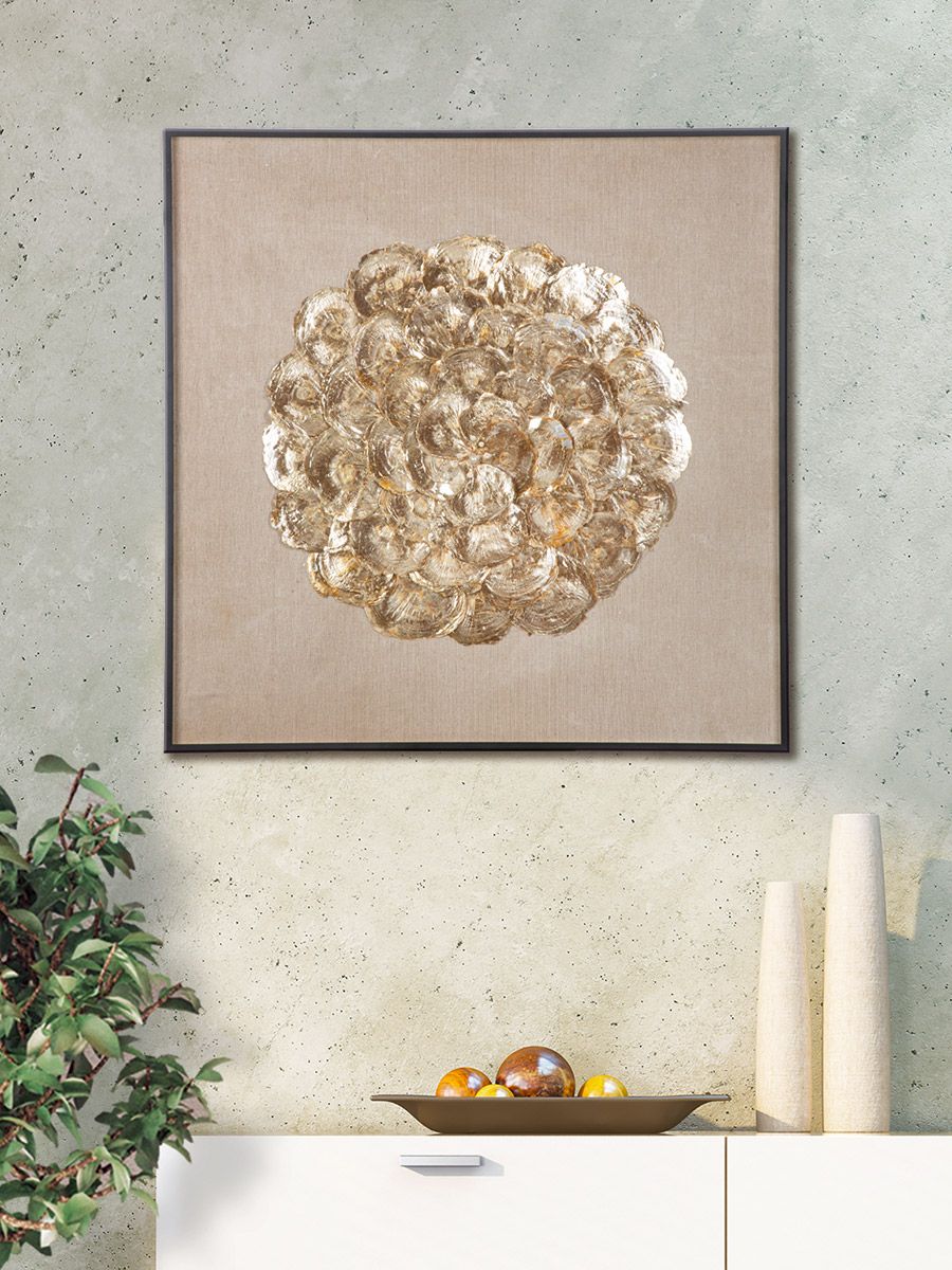 Tuvalu mural with circle motif in gold and cream, 80 x 80 cm