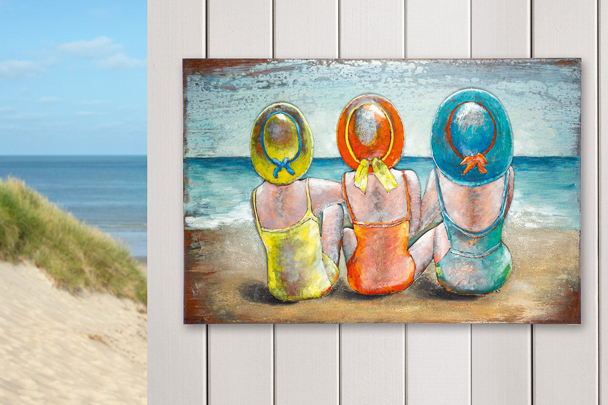 Beach Ladies - Handgemaakte metalen print van vrouwen op het strand - Levendig strandtafereel
