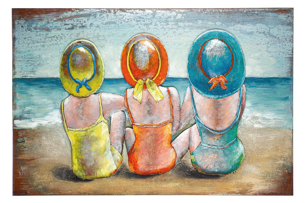 Beach Ladies - Handgefertigtes Metallbild von Frauen am Strand - Lebendige Strandszene