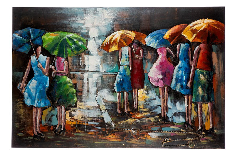 Rainy Summer - Handgefertigtes Metallbild mit lebendiger Regenschirm Szene