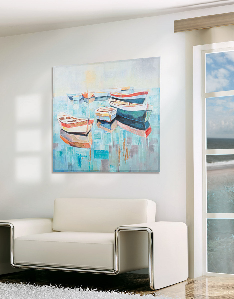 Leinwandbild Malta Boote Hafen maritim handgemalt quadratisch 100x100 cm