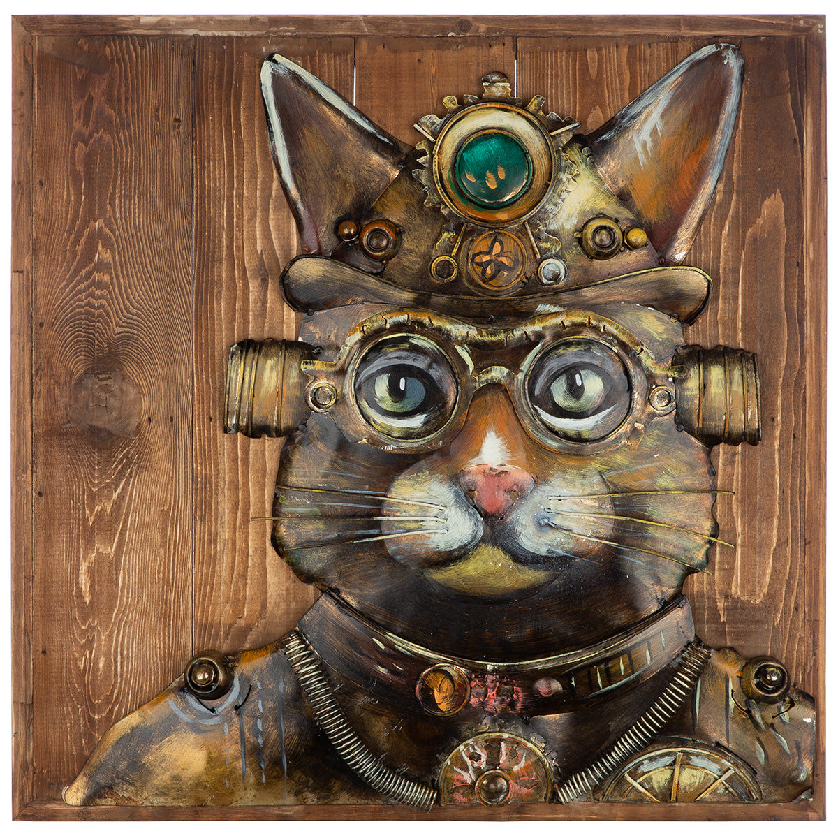 Wandbild Steampunk Cat Holz Metall 3D Optik quadratisch 50x50cm