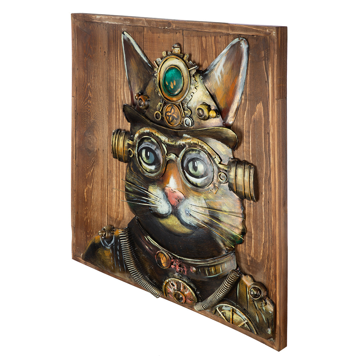 Wandbild Steampunk Cat Holz Metall 3D Optik quadratisch 50x50cm