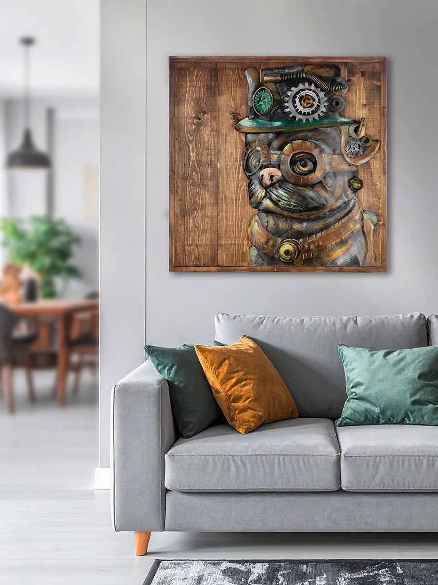 Wandbild Steampunk Dog Holz Metall 3D Optik quadratisch 50x50cm
