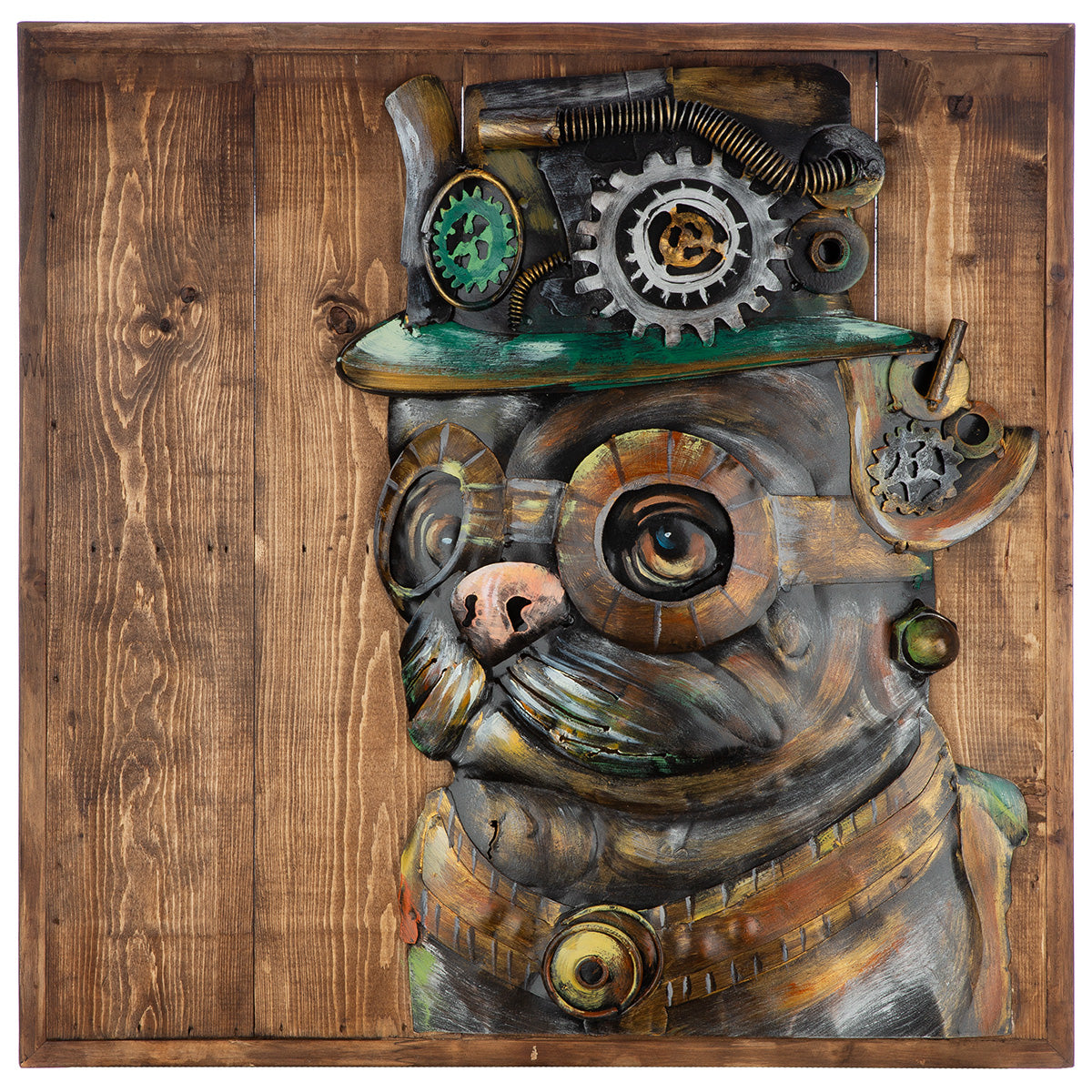 Wandbild Steampunk Dog Holz Metall 3D Optik quadratisch 50x50cm