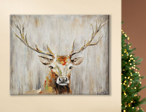 Handgeschilderd hout- en linnen schilderij 'Hertenkop' - artistieke eyecatcher voor in huis