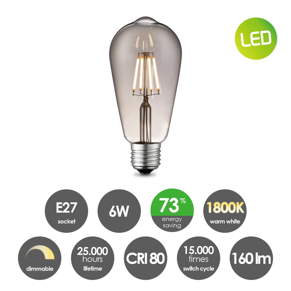 Home Sweet Home dimbare LED druppel E27 ST64 6W 160Lm 1800K Helder