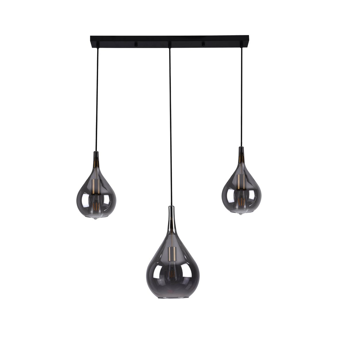 3-er Pendelleuchte "Gota", Retro Klassiker Pendellampe aus schwarzem Rauchglas mit E27-Fassungen, 88 cm lang, 150 hoch, ideal für Esszimmer, Wohnzimmer und Küche.