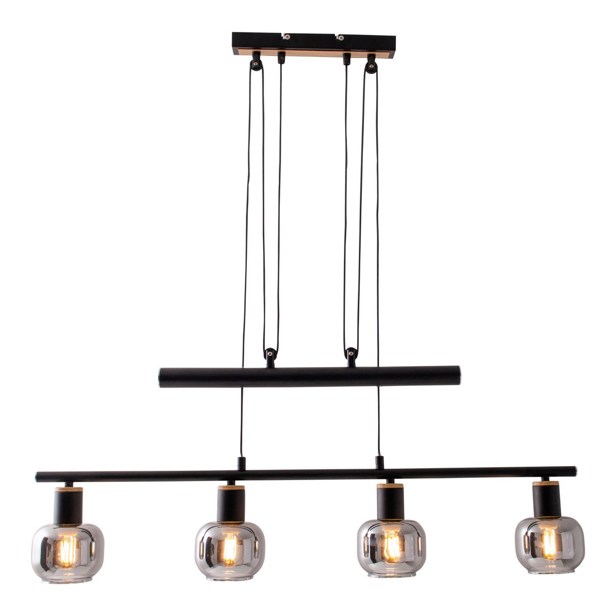 4er Pendelleuchte "FUMOSO", Pendellampe höhenverstellbar aus Metall und Rauchglas in Schwarz,, mit E14-Fassung, für Esszimmer, Wohnzimmer, Diele oder Büro, 78 x 10 cm
