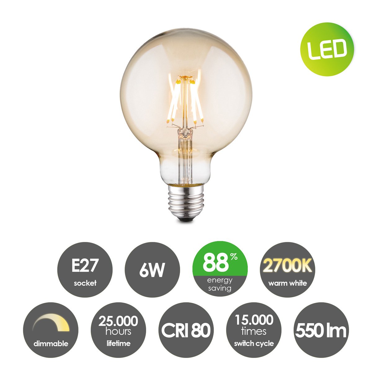 Home Sweet Home dimmbare LED Globe Deco E27 G95 6W 550Lm 2700K Bernstein