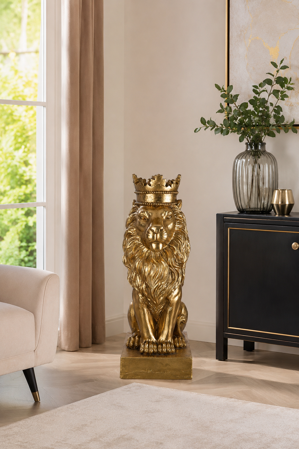 Löwen Skulptur König mit Krone goldfarben 70 cm für Innen und Außen