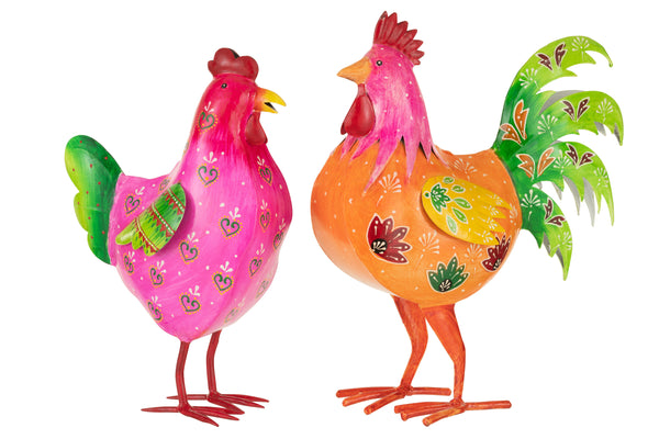 Set of 4 steel roosters in XXL size, 2 assorted, hand-painted - majestic metal decoration