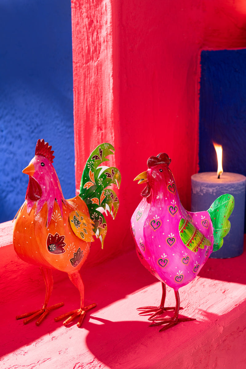 Set of 4 steel roosters in XXL size, 2 assorted, hand-painted - majestic metal decoration