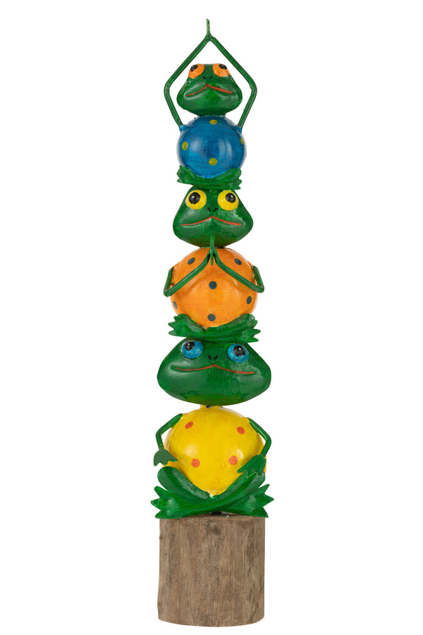 Set van 3 mediterende kikkers van metaal op houten balken, 3 kikkers op elkaar - handgemaakte en beschilderde decoratieve figuren