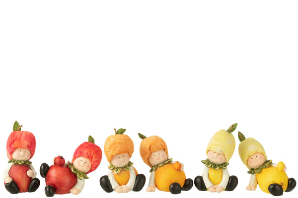 18er Set Kinderfiguren mit Zitrone, Orange und Apfel Motiven aus Polyresin, 6-fach sortiert – Farbenfrohe Deko für jeden Anlass– Handgefertigte und Bemalte Dekofiguren