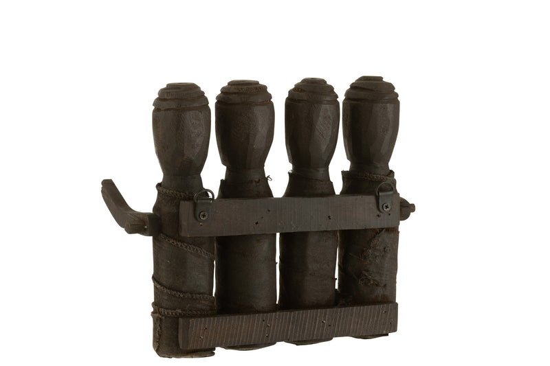 Set of 3 hand-carved wall coat racks with wooden hooks in black