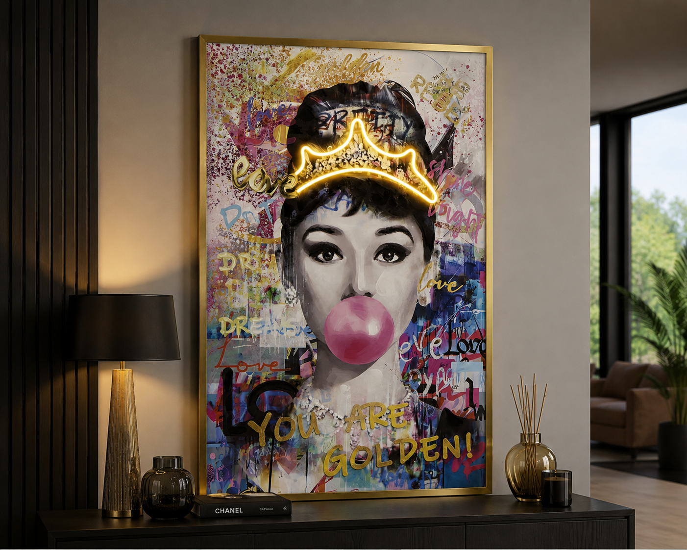 Wandbild LED Lady Bubble Pop Art Golden Crown 123x83cm