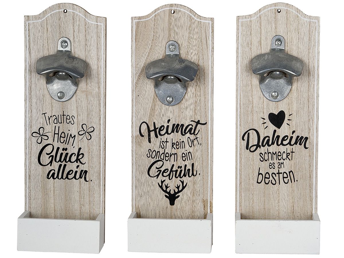 Heimatgefühle - 6er Set MDF Wand-Flaschenöffner, 3-fach sortiert mit herzlichen Sprüchen