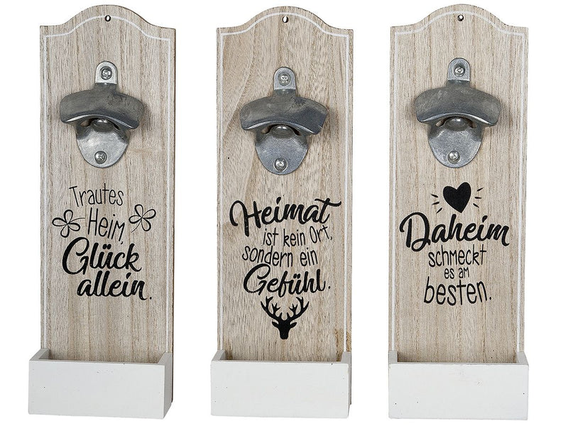 Feelings of home - set van 6 MDF wandflesopeners, 3 assorti met warme spreuken