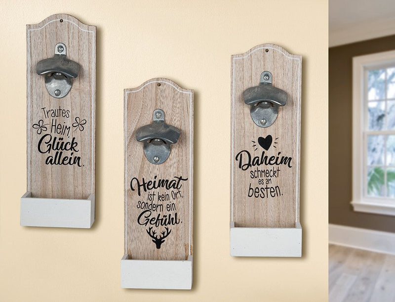 Feelings of home - set van 6 MDF wandflesopeners, 3 assorti met warme spreuken