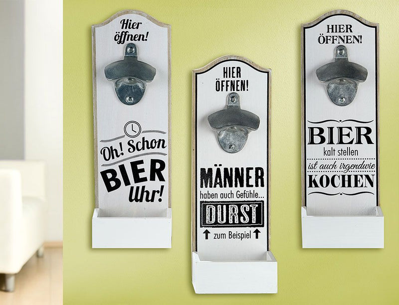 Bierhumor - Set van 6 MDF-wandflesopeners, 3 assorti met spreuken