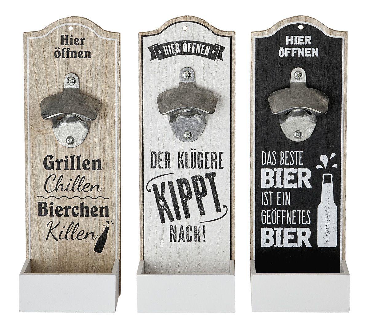Trinkweisheiten - 6er Set MDF Wand-Flaschenöffner, 3-fach sortiert mit Sprüchen