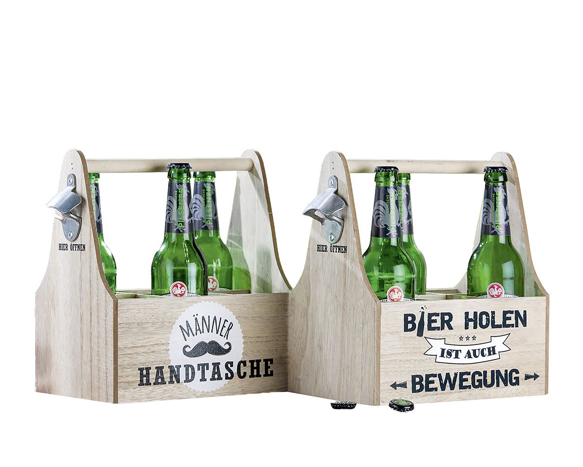 Männer - 4er Set MDF 6er Bier Flaschenträger, Naturfarben mit Sprüchen