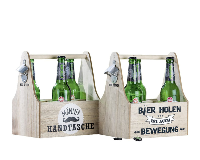 Heren - Set van 4 MDF 6 bierflesdragers, natuurlijke kleuren met spreuken