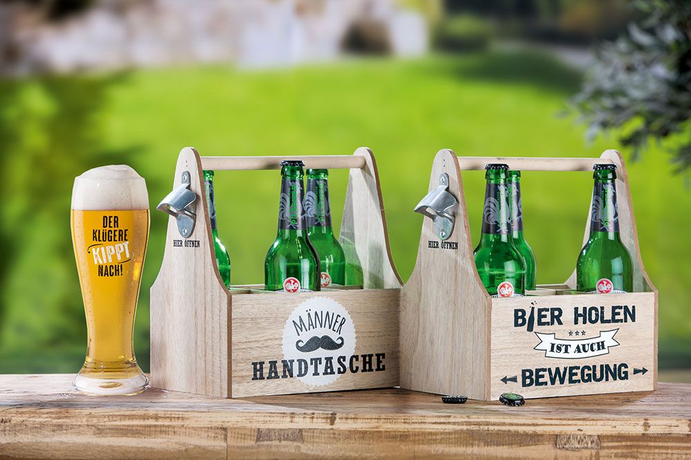 Männer - 4er Set MDF 6er Bier Flaschenträger, Naturfarben mit Sprüchen