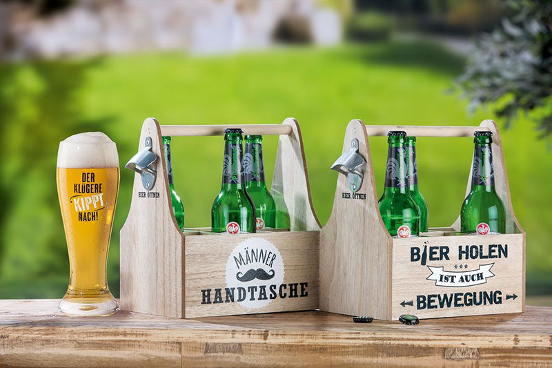 Heren - Set van 4 MDF 6 bierflesdragers, natuurlijke kleuren met spreuken