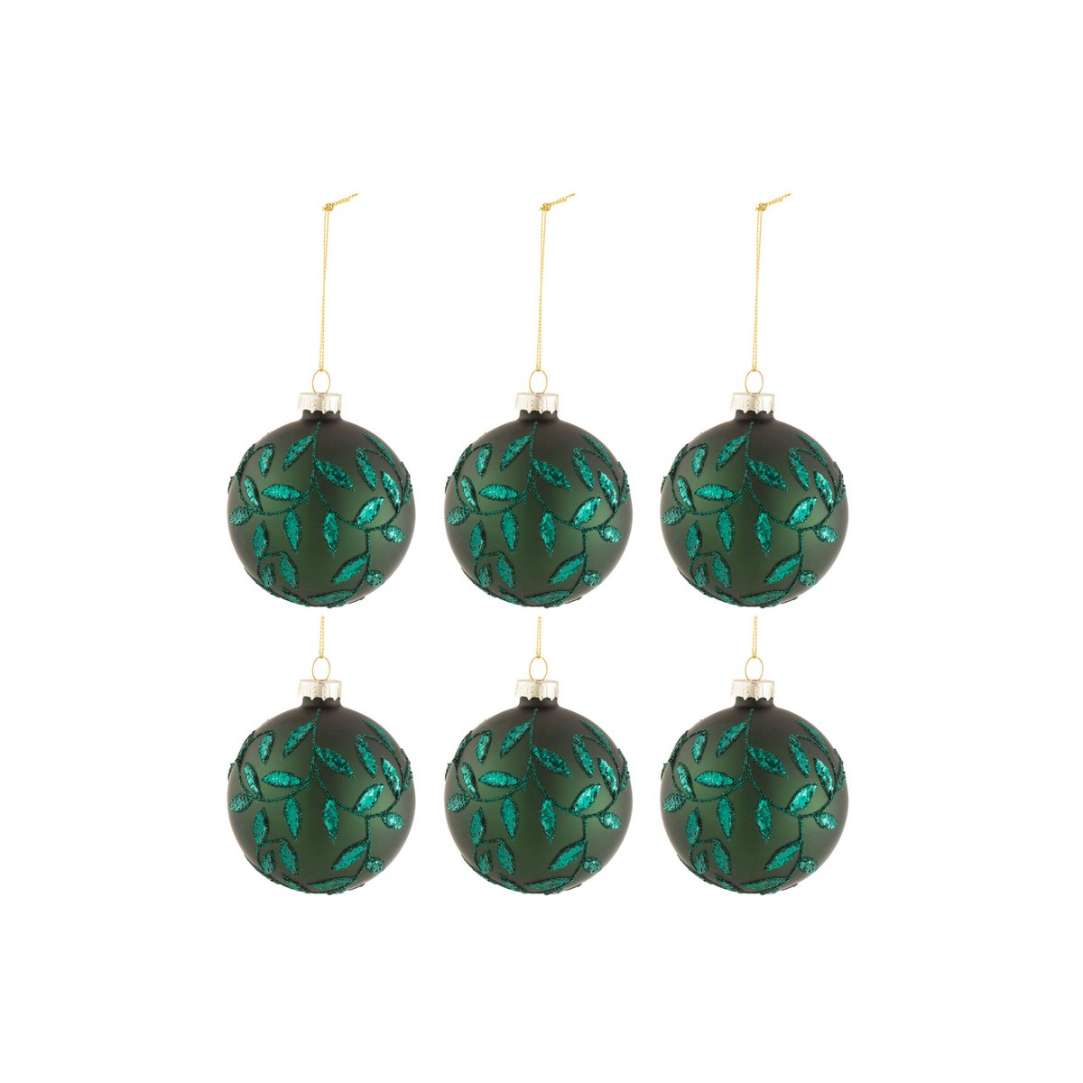 J-Line Box mit 6 Weihnachtskugeln, Blätter, glitzerndes Glas, mattgrün, klein