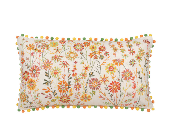 4er Set Rechteckige Kissen mit Blumenmotiv und Pompons, Baumwolle, Weiß und Orange