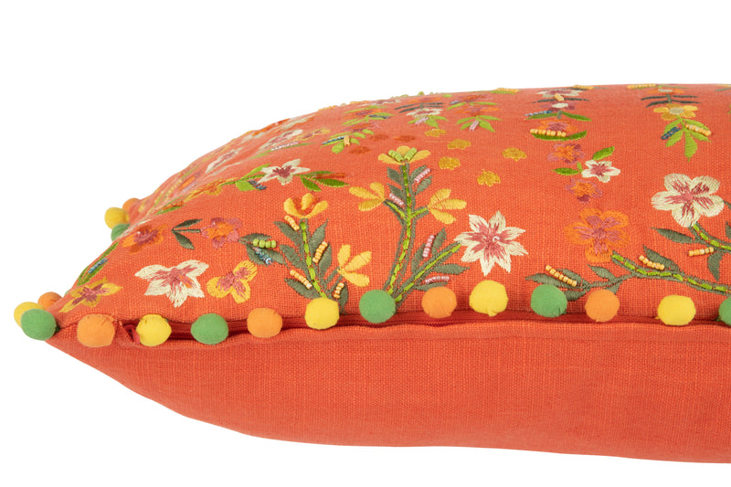 Orange floral cushions with pompoms, set of 4, cotton - stylish home decoration