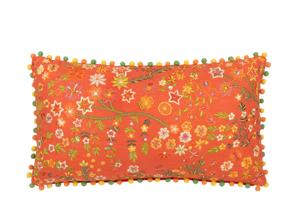 Orange floral cushions with pompoms, set of 4, cotton - stylish home decoration