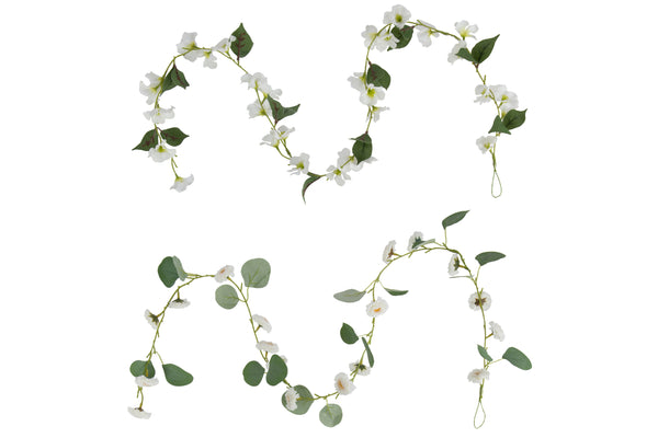 12er Set 2-fach sortierte Girlande mit Blumen und Blättern in Weiß und Grün - Lebendige Dekoration für jeden Anlass