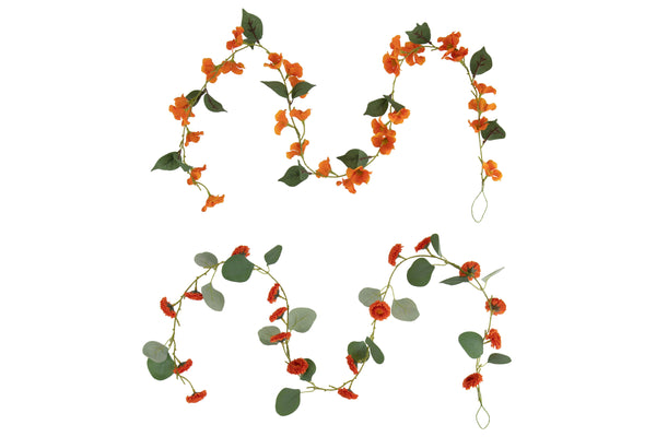 12er Set 2-fach sortierte Girlande mit Blumen und Blättern in Orange und Grün - Lebendige Dekoration für jeden Anlass
