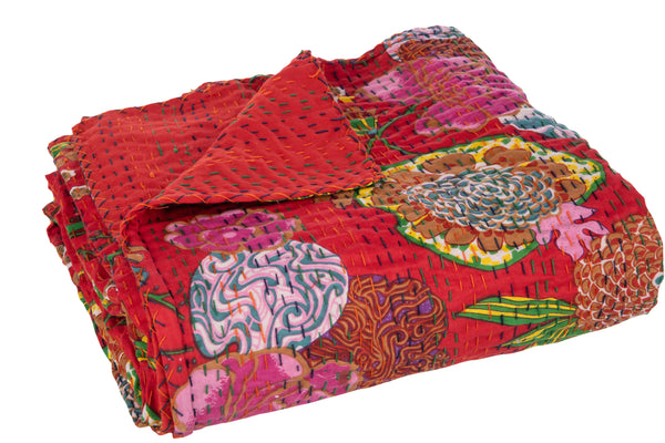 Großes 2er Set Rote Baumwoll Plaids Strandmatten mit Blumenstickerei - Large