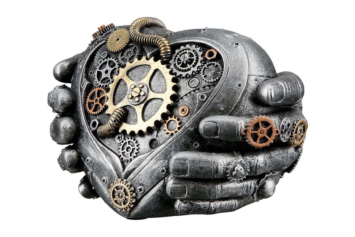 Poly Skulptur Steampunk Herz in Händen Liebesausdruck in mechanischer Kunst