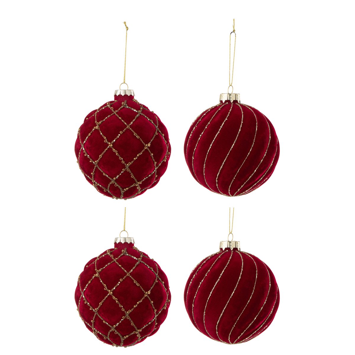 Doos met 4 kerstballen, 2+2 lijnen/geblokt fluweel rood/goud