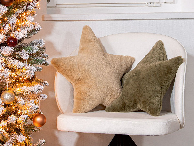 Pluche sterrenkussenset van 4, beige en donkergroen, 45x43 cm